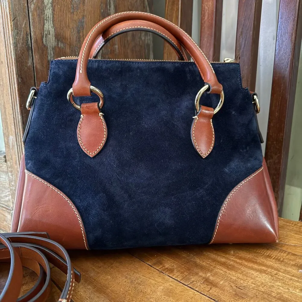 Dooney & Bourke Florentine Leather Suede Satchel Navy Cognac Crossbody Bag - Picture 3 of 15